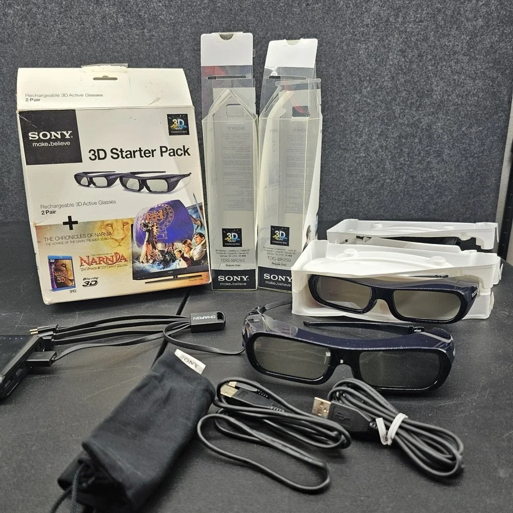 2 SONY 3D Glasses Black HU099FS w Dust Jacket Drawstring Cases DVD Not Included